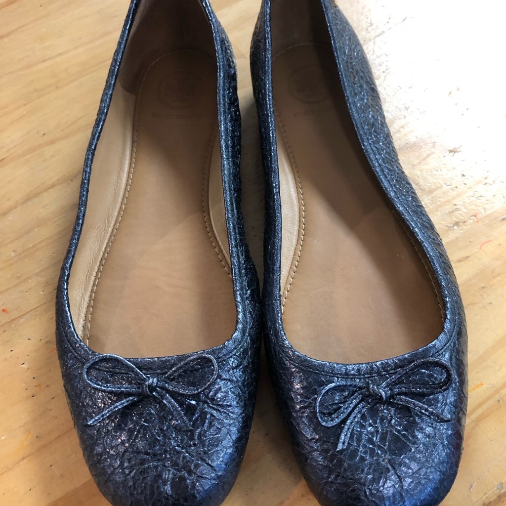 Tory Burch Metallic Navy Bow Ballet Flats